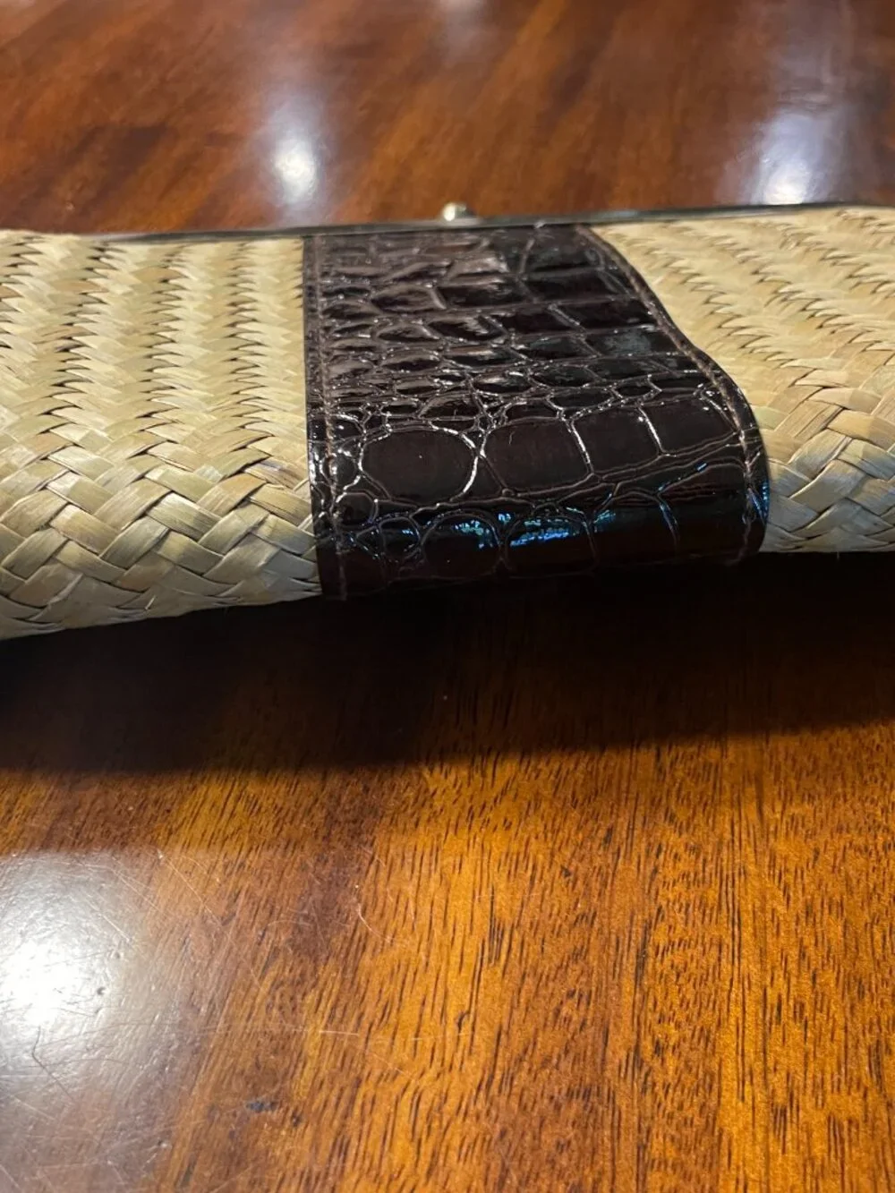 Mud Pie Bag Lady Sea Grass Woven Clutch Handbag Kiss Lock Faux Leather